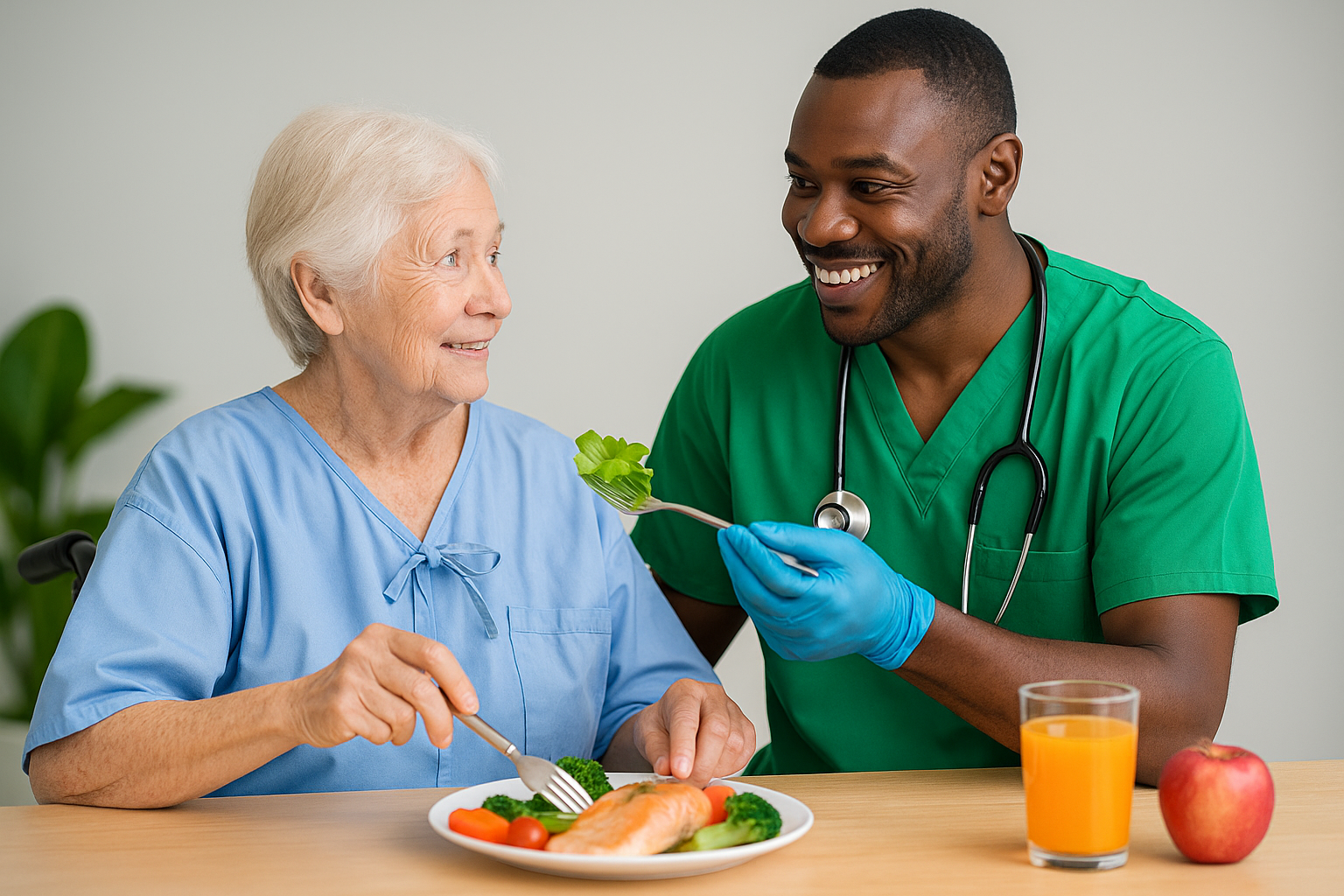 Professional caregiver providing nutrition support to senior in Cook County