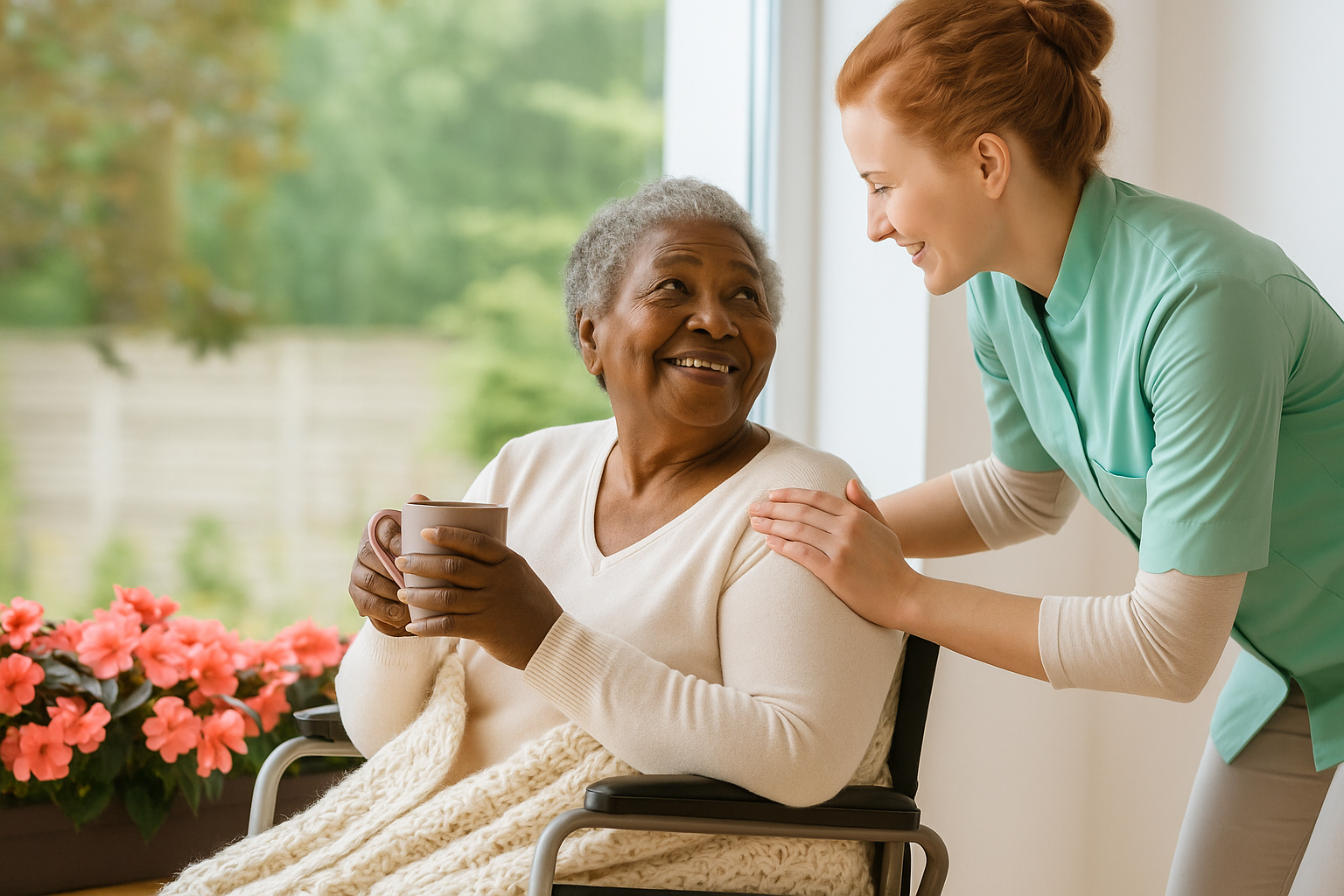 Professional caregiver assisting senior in Niles home